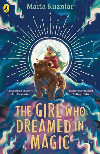 Book cover: girl and bear silhouetted against a starry, swirling sky.