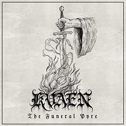 Black and white illustration of a sword in flames with the band name "Kvaen".