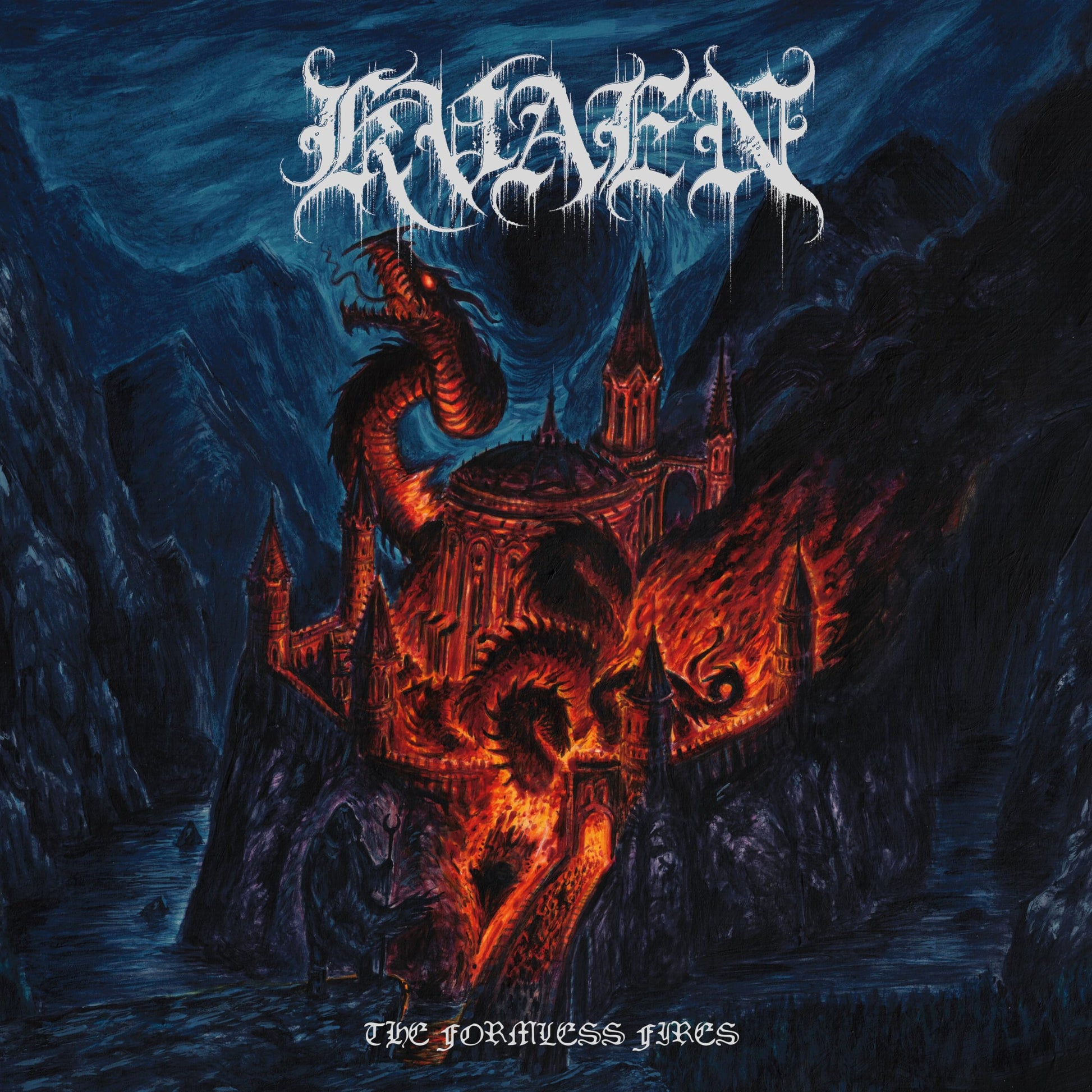 Album cover for Kvaen’s “The Formless Fires” featuring a dragon and castle.