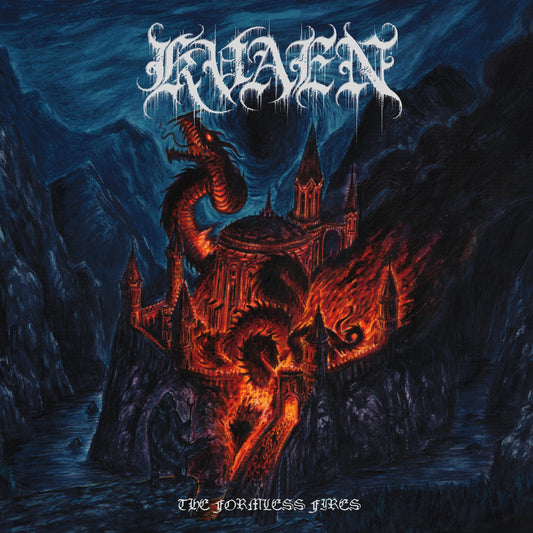 Album cover for Kvaen’s “The Formless Fires” featuring a dragon and castle.