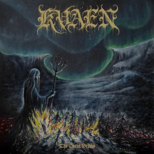 Dark album cover with figure, landscape, and band name "Kvaen" in ornate script.