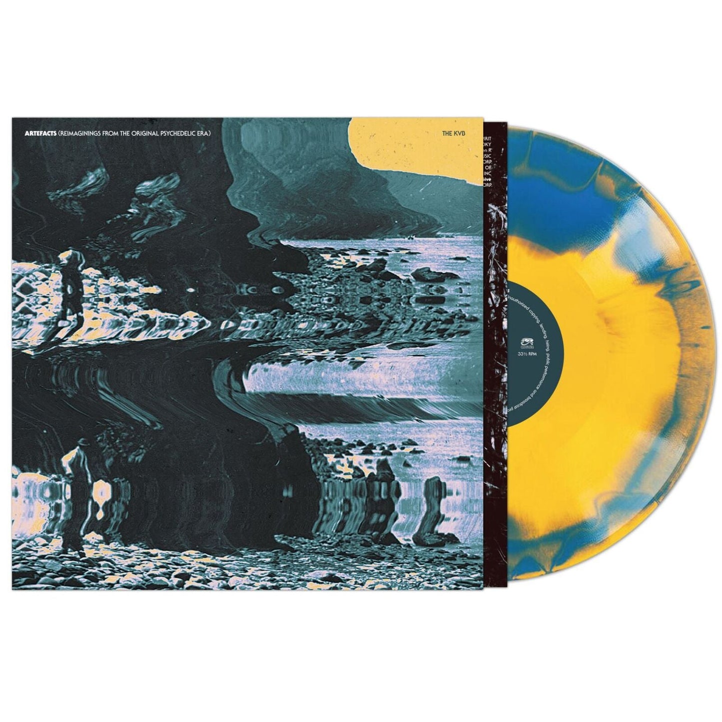Vinyl record with abstract, swirling blue and yellow marbled design.