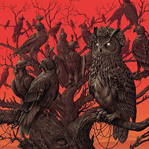 Owls and birds with ornate headwear perch on bare branches, red background.