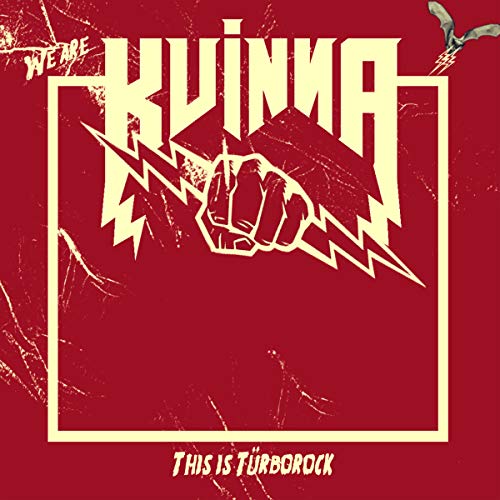 Red album cover with white text "Kvinna" and a fist with lightning bolts.
