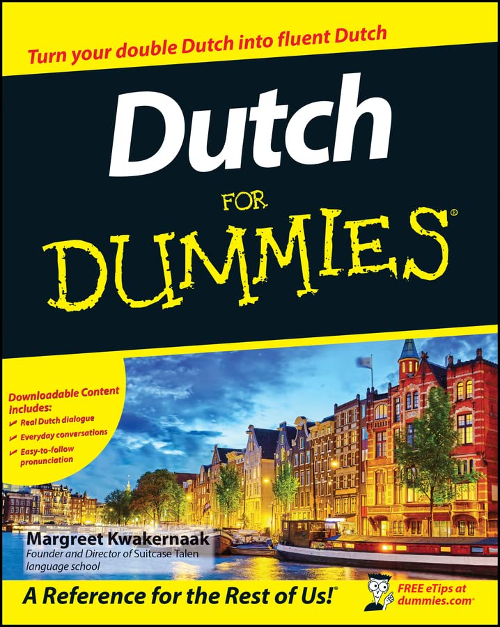 Book cover for "Dutch For Dummies" with a canal and houses scene.