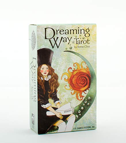 Dreaming Way Tarot" box with illustrated woman and swirling orange design.