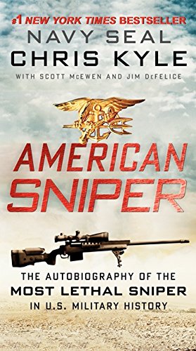 Book cover for "American Sniper" featuring a sniper rifle and Navy SEAL insignia.