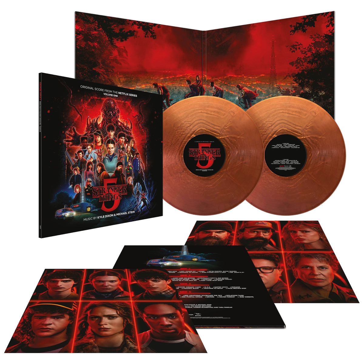 “Stranger Things” soundtrack vinyl with character art and red, textured discs.