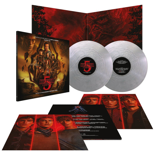 Stranger Things" soundtrack vinyl set with red cover and character images.