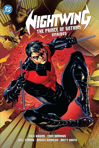 Nightwing in black and red suit, leaping against a fiery, bat-filled Gotham backdrop.