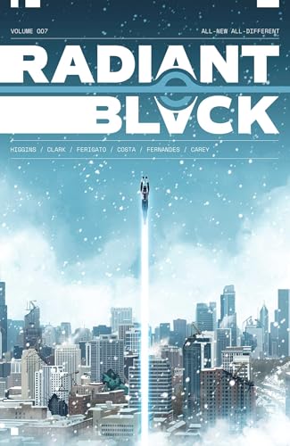 Comic book cover: superhero flying above a snowy cityscape.