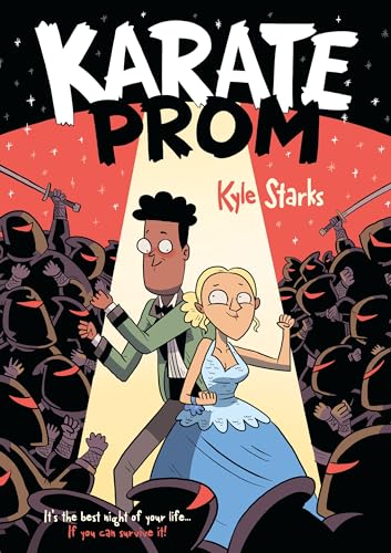 A boy and girl in formal wear stand back-to-back surrounded by hooded sword-wielding warriors.