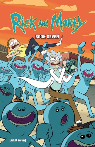 Rick and Morty comic book cover with many blue aliens.