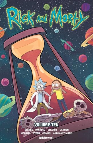 Rick and Morty comic book cover with hourglass and characters.