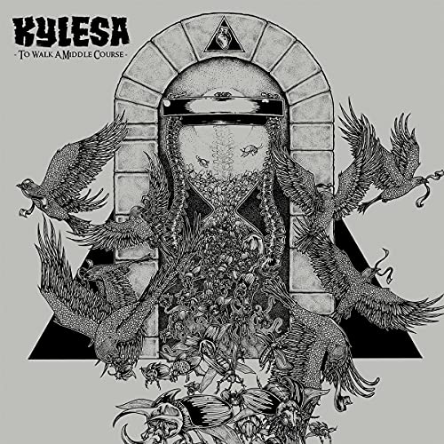 Kylesa album cover: detailed black and white illustration of birds and an hourglass.
