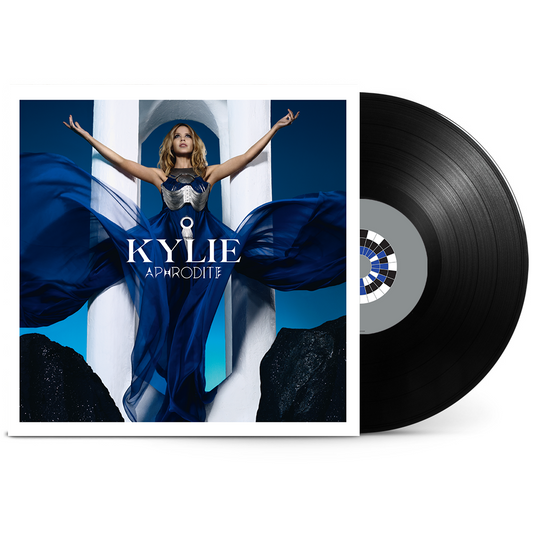 Kylie Minogue’s “Aphrodite” vinyl record with album cover featuring a blue dress.