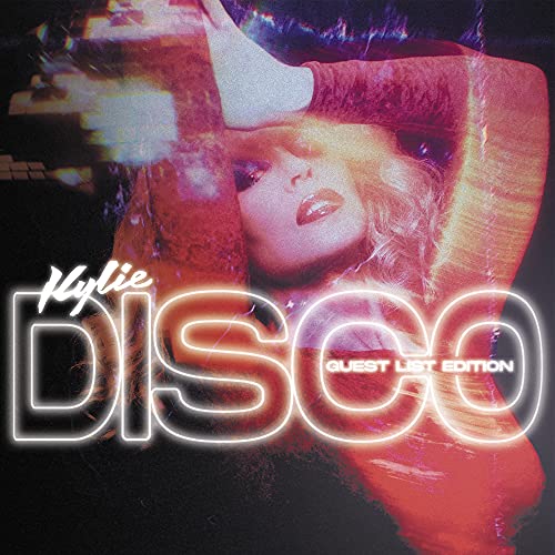 AlbumSlightly blurred album cover of Kylie Minogue's Disco Guest List Edition with neon text.