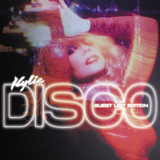Kylie Minogue’s “DISCO: Guest List Edition” vinyl album cover with neon lettering.