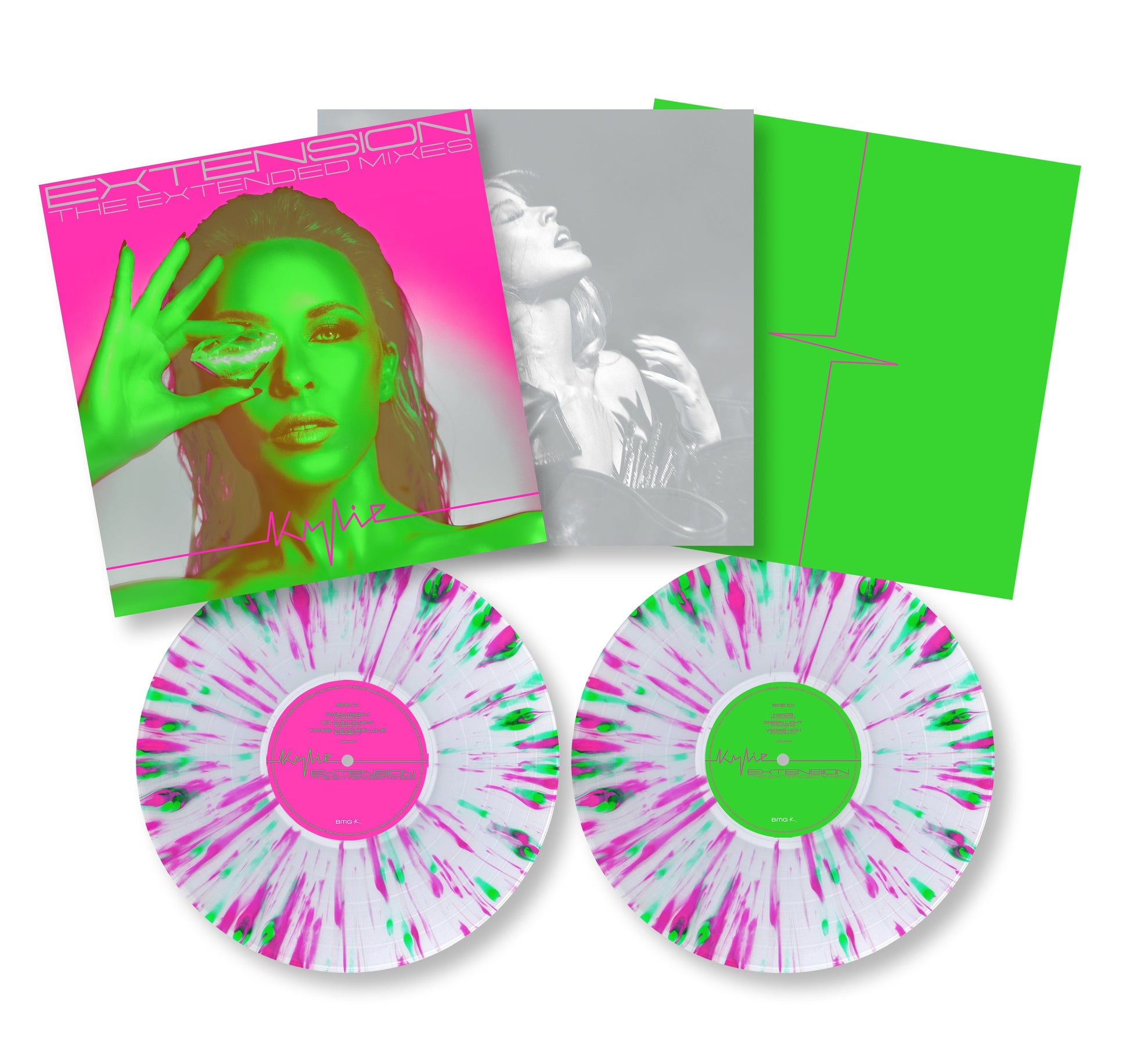 Kylie Minogue “Extension” vinyl record with pink and green splatter discs.