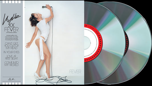 Kylie Minogue’s “Fever” 25th anniversary CD with red and silver design.