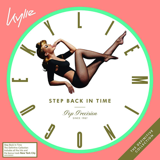 Kylie Minogue album cover featuring a reclining woman inside a clock face on peach background.