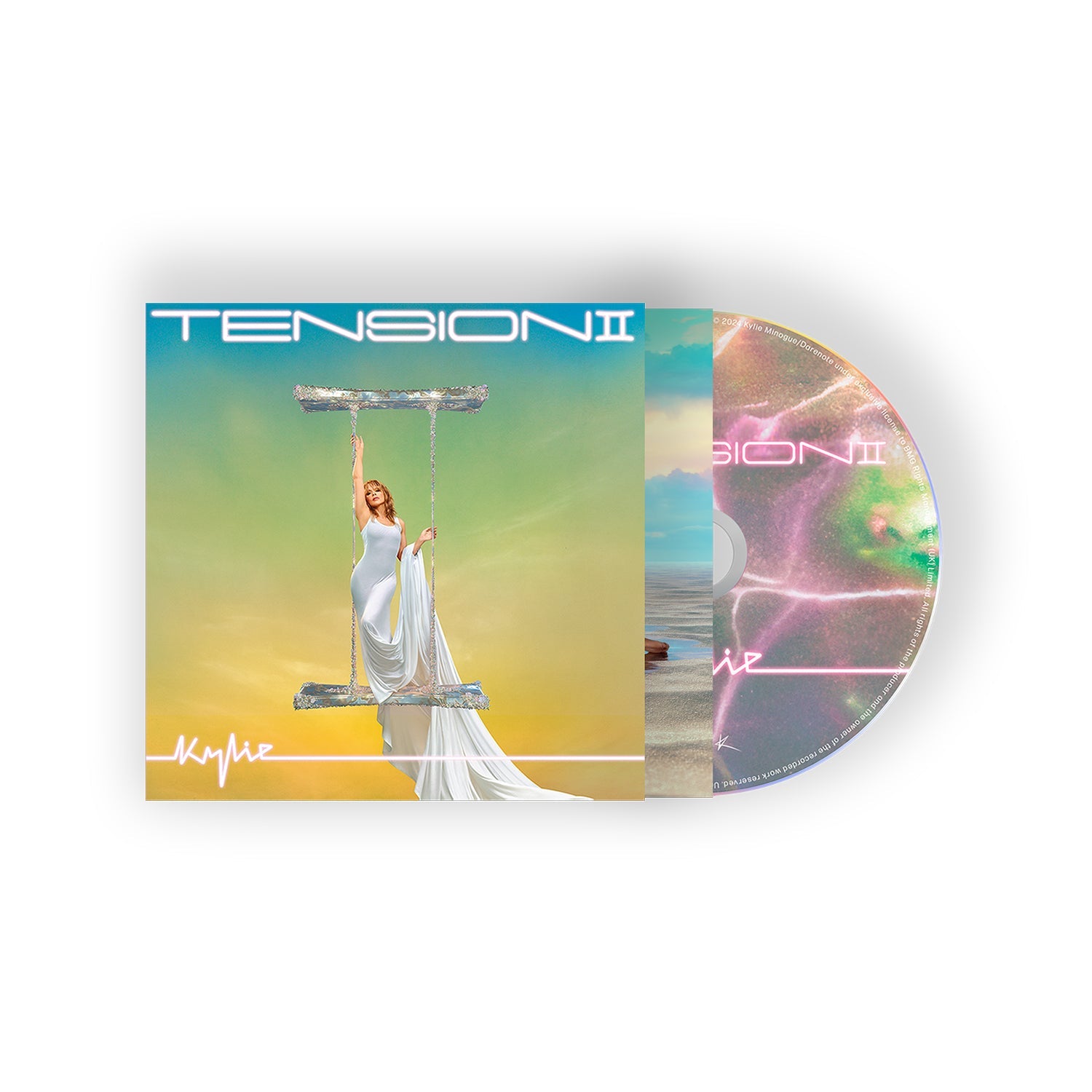 Kylie Minogue “Tension II” CD cover with woman on a swing, pink hues.