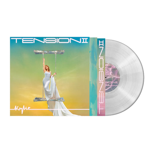 “Tension II” vinyl record with Kylie Minogue on cover, clear disc beside it.
