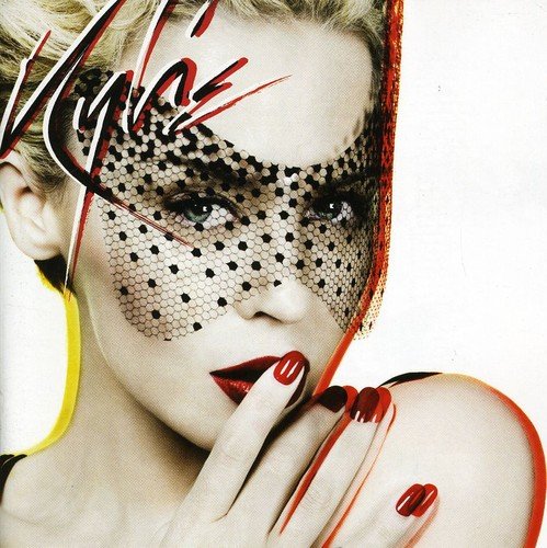 Kylie Minogue album cover with red accents, black netting, and bold makeup.