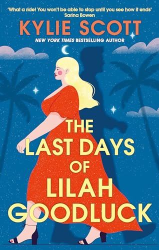 Book cover: woman in red dress walking, shadowed figure, palm trees.