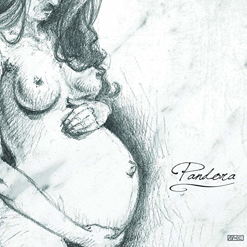Charcoal sketch of a nude figure embracing a seed pod, titled "Pandora".