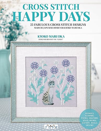 Cross stitch book cover featuring a cat and blue thistle design.