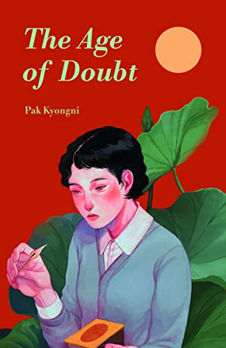 Book cover: woman with lotus leaves, red background, and orange circle.