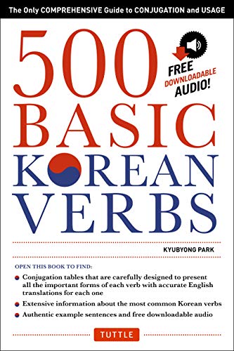 Book cover: "500 Basic Korean Verbs" with bold text and red accents.