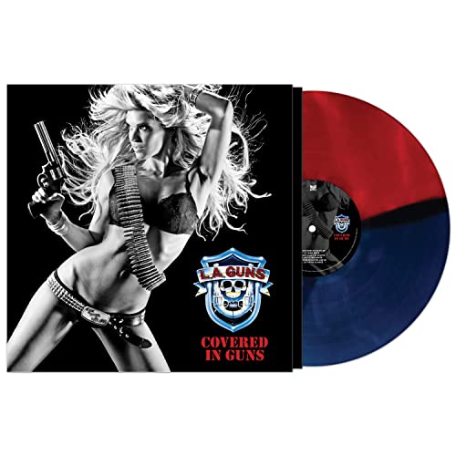 L.A. Guns "Covered In Guns" vinyl record with album cover and red/blue disc.