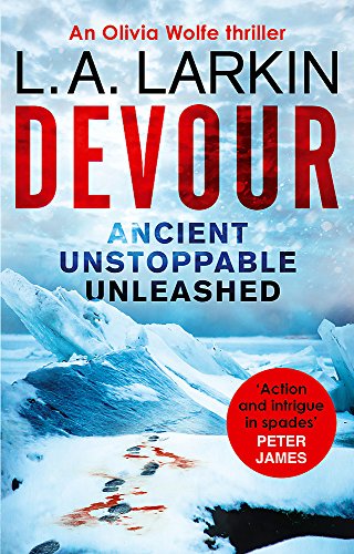 Book cover for "Devour" with icy mountains and bloody footprints.