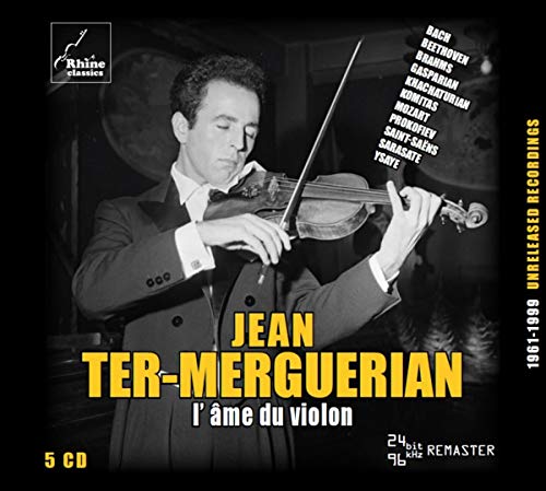 Black and white photo of violinist Jean Ter-Mergerian playing, CD cover.