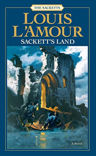 Book cover: "Sackett's Land" by Louis L'Amour, with a castle ruin scene.