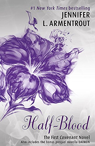 Book cover: purple floral design with title "Half-Blood" in script.