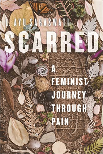 Book cover: "Scarred" with floral arrangement and brick path imagery.