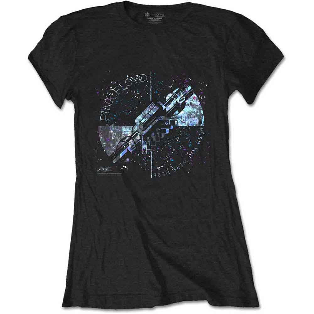 Black women’s t-shirt with Pink Floyd’s “Wish You Were Here” album art.