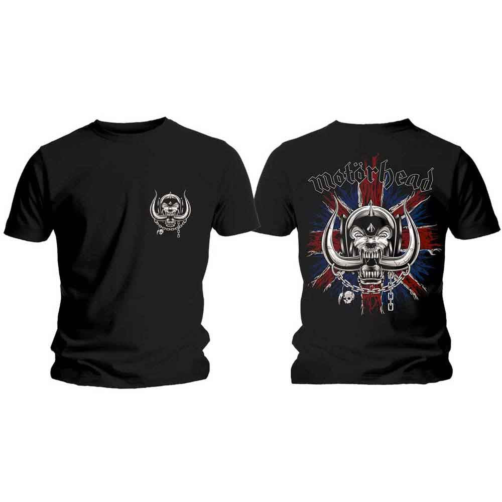 Black t-shirt with Motörhead logo and warpig skull designs.