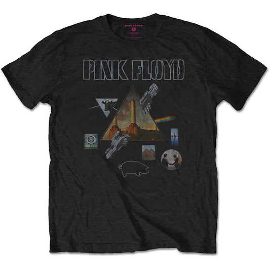 Black t-shirt with Pink Floyd “Dark Side of the Moon” graphic.