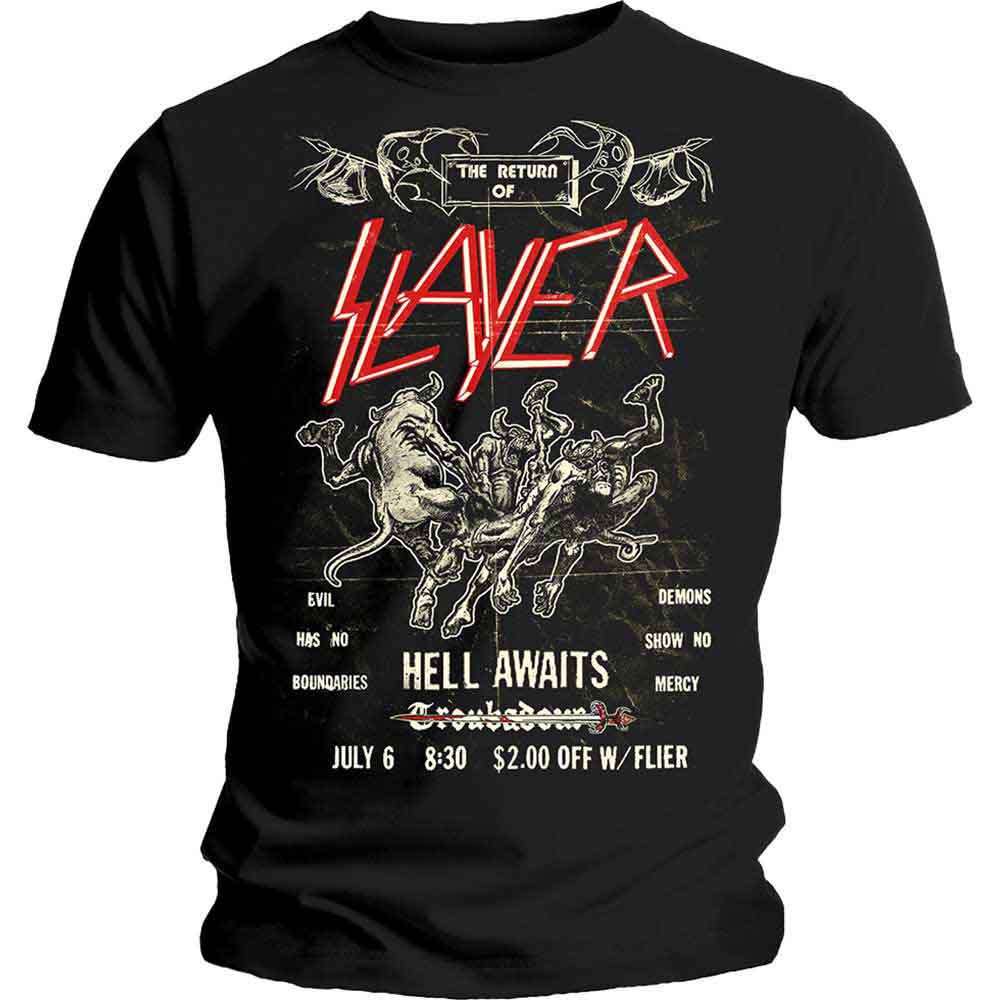 Black t-shirt with a red and white Slayer band graphic design.