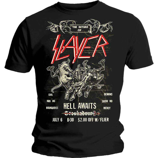 Black t-shirt with a red and white Slayer band graphic design.