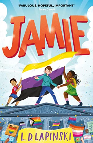 Book cover for Jamie featuring three children holding a non-binary pride flag.