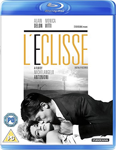 Blu-ray cover for L'eclisse featuring a black and white image of a couple embracing.