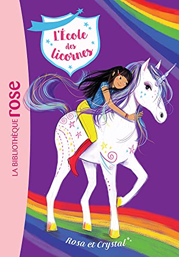 Girl riding a white unicorn with a rainbow background.