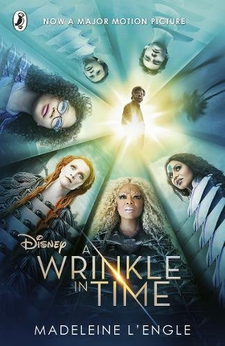 "A Wrinkle in Time" book cover featuring five girls and a man surrounded by light.