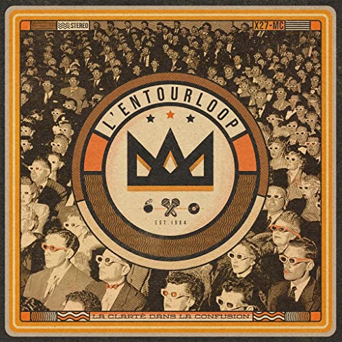 Vinyl record cover with a crowd illustration and central emblem.