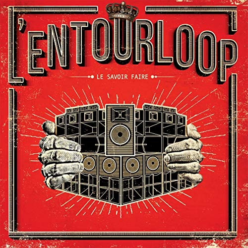 Red vinyl record cover with hands holding boomboxes and radiating lines.